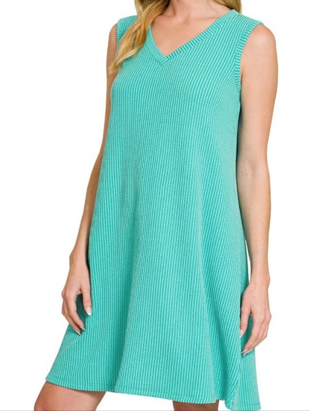 Everly Teal V‑Neck Sleeveless Ribbed Mini Dress